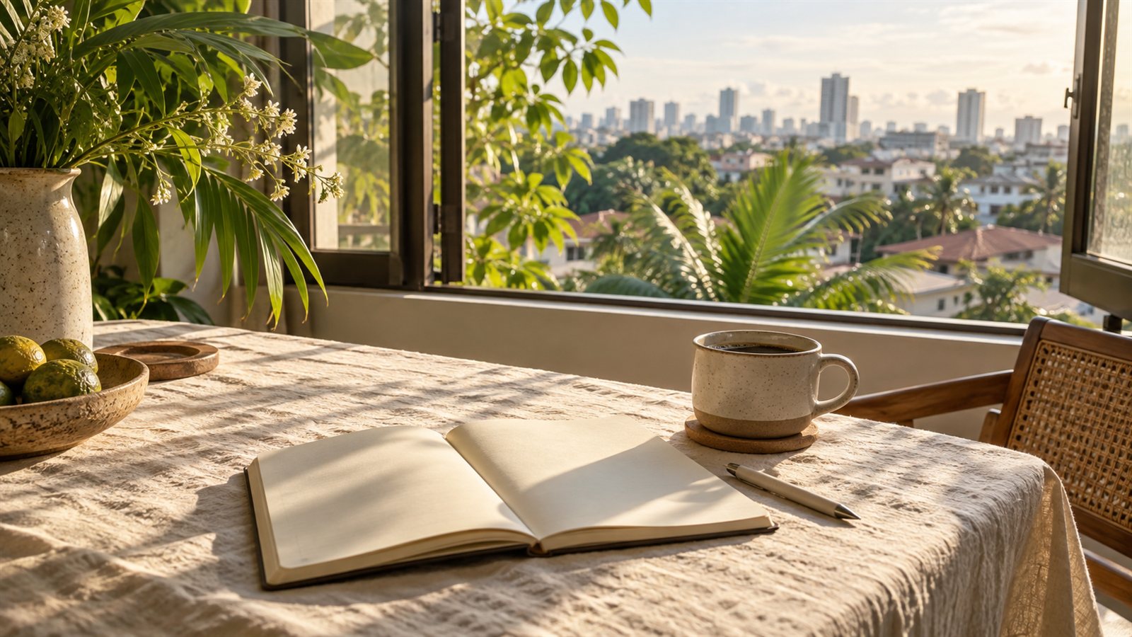 An open notebook and coffee on a sunlit table overlooking a leafy city neighborhood.