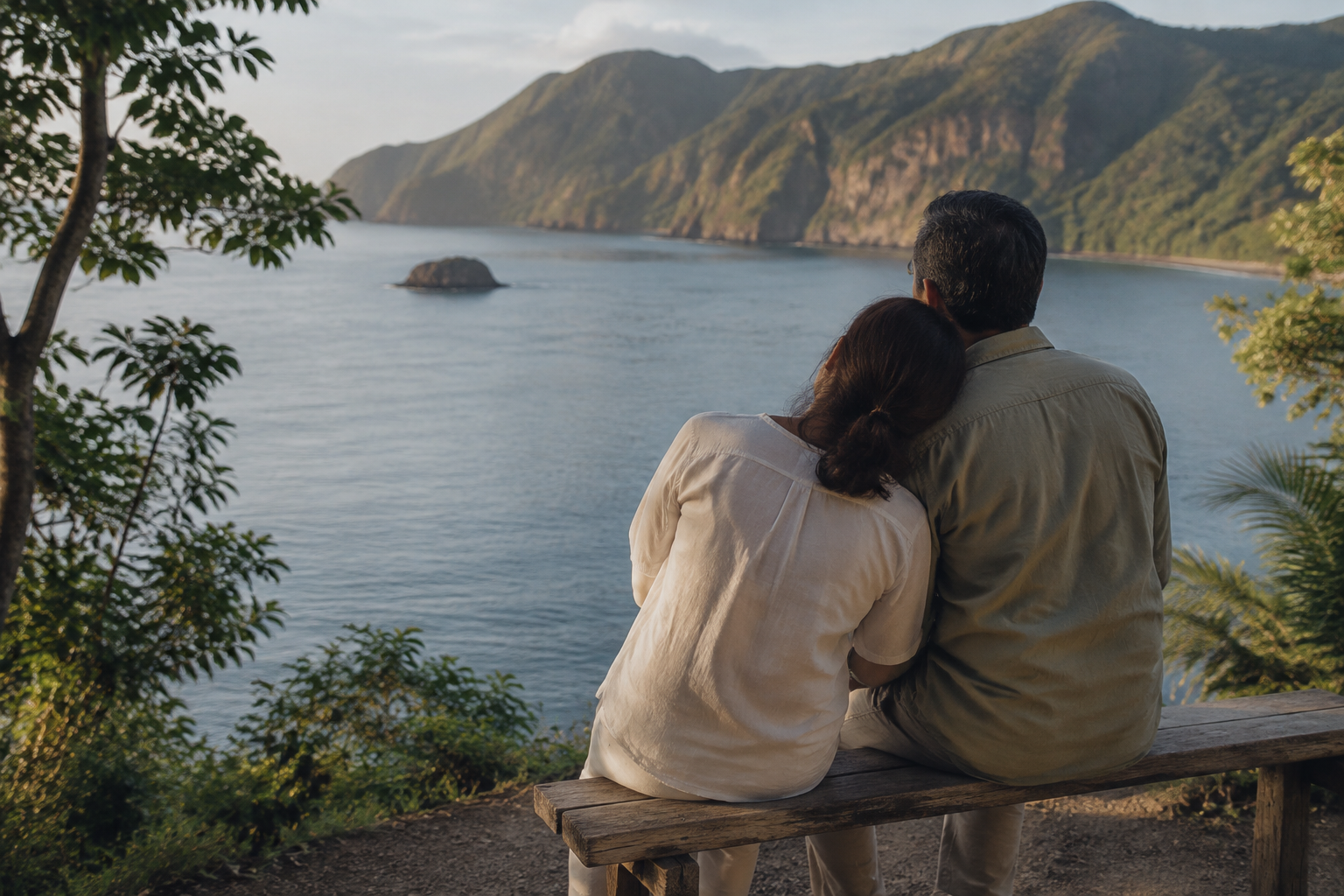 A couple sitting close together on a wooden bench overlooking a quiet ocean cove and coastal mountains.