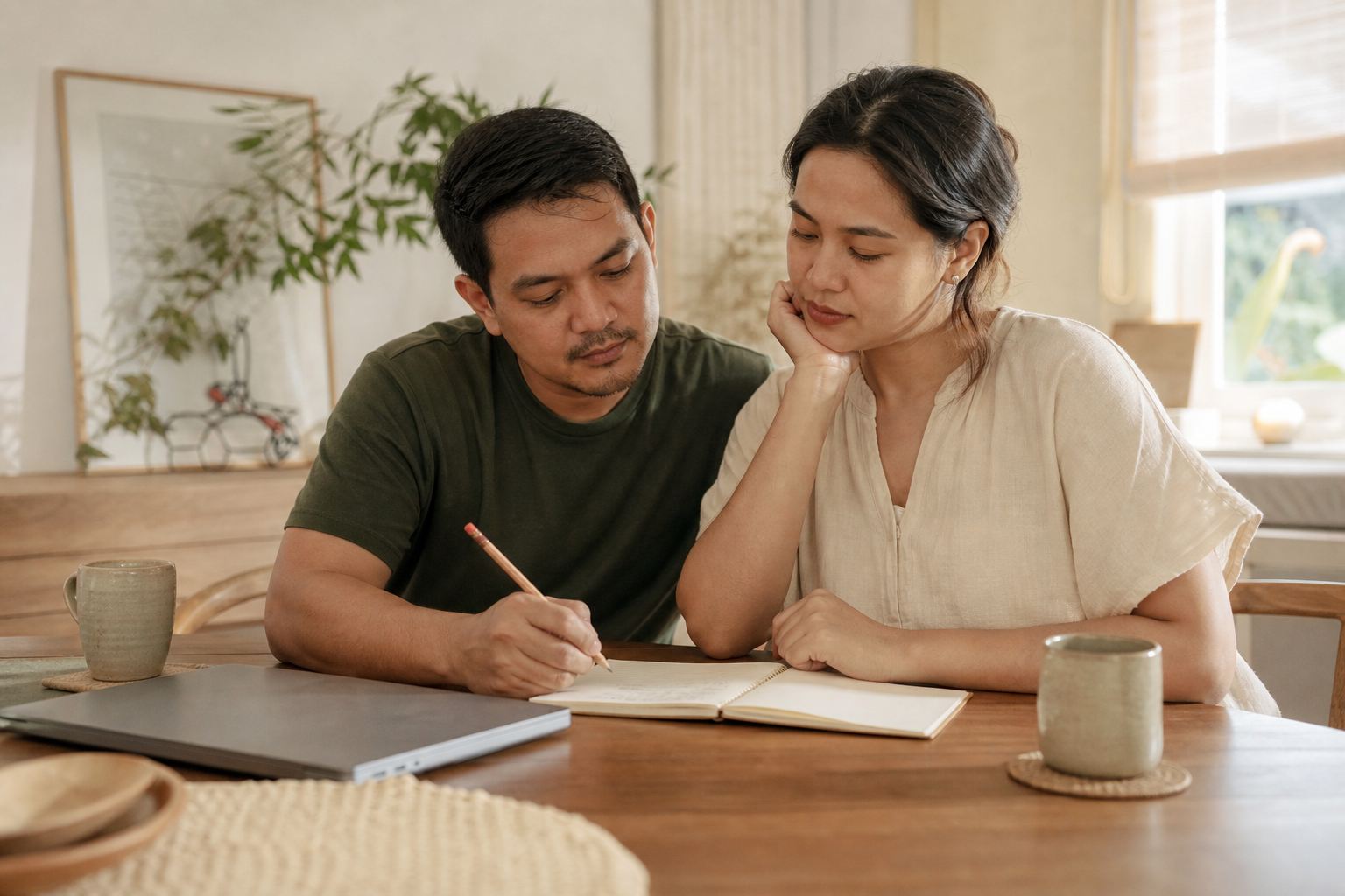 A couple reviewing a notebook together at their dining table.