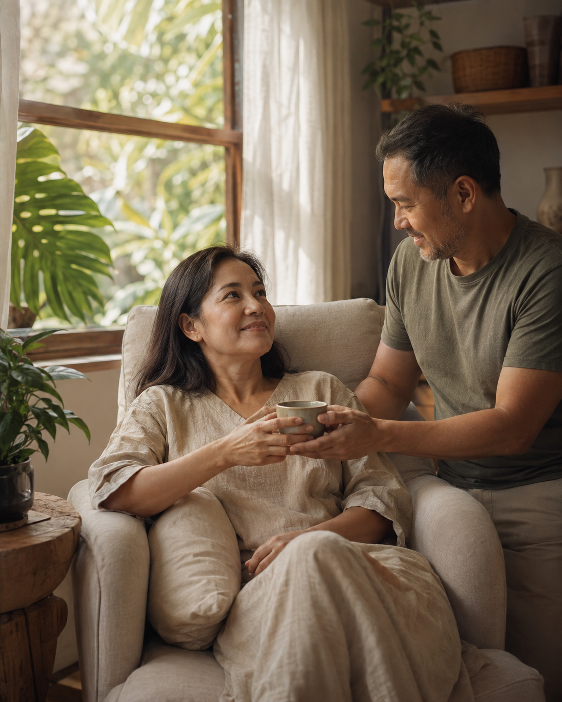 A woman resting in a sunlit armchair as her partner offers a cup of tea.
