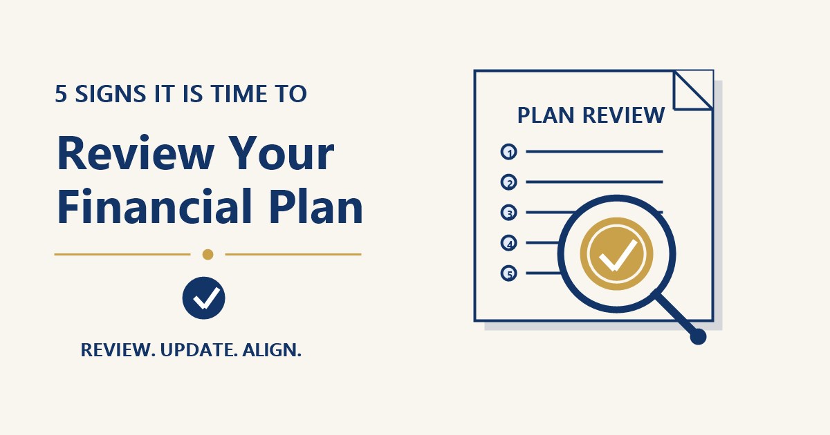 Minimalist checklist illustrating five signs that it is time for a financial plan review.