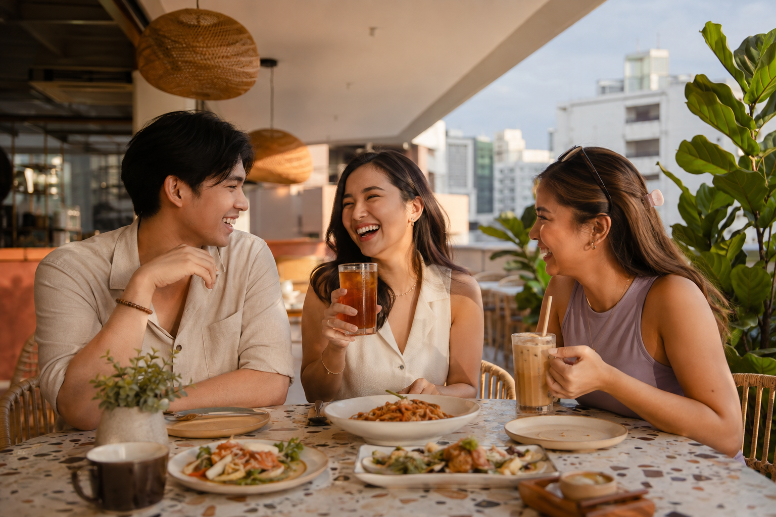 Three young Filipino professionals celebrating together at a terrace café.