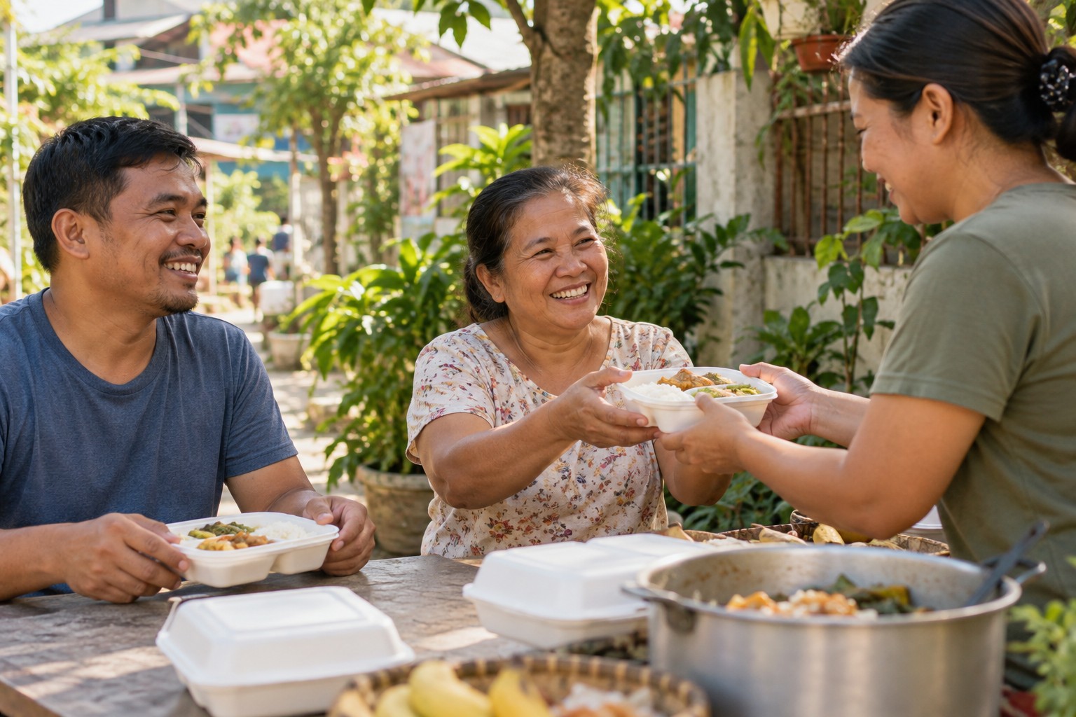 Neighbors sharing meals with warm smiles.