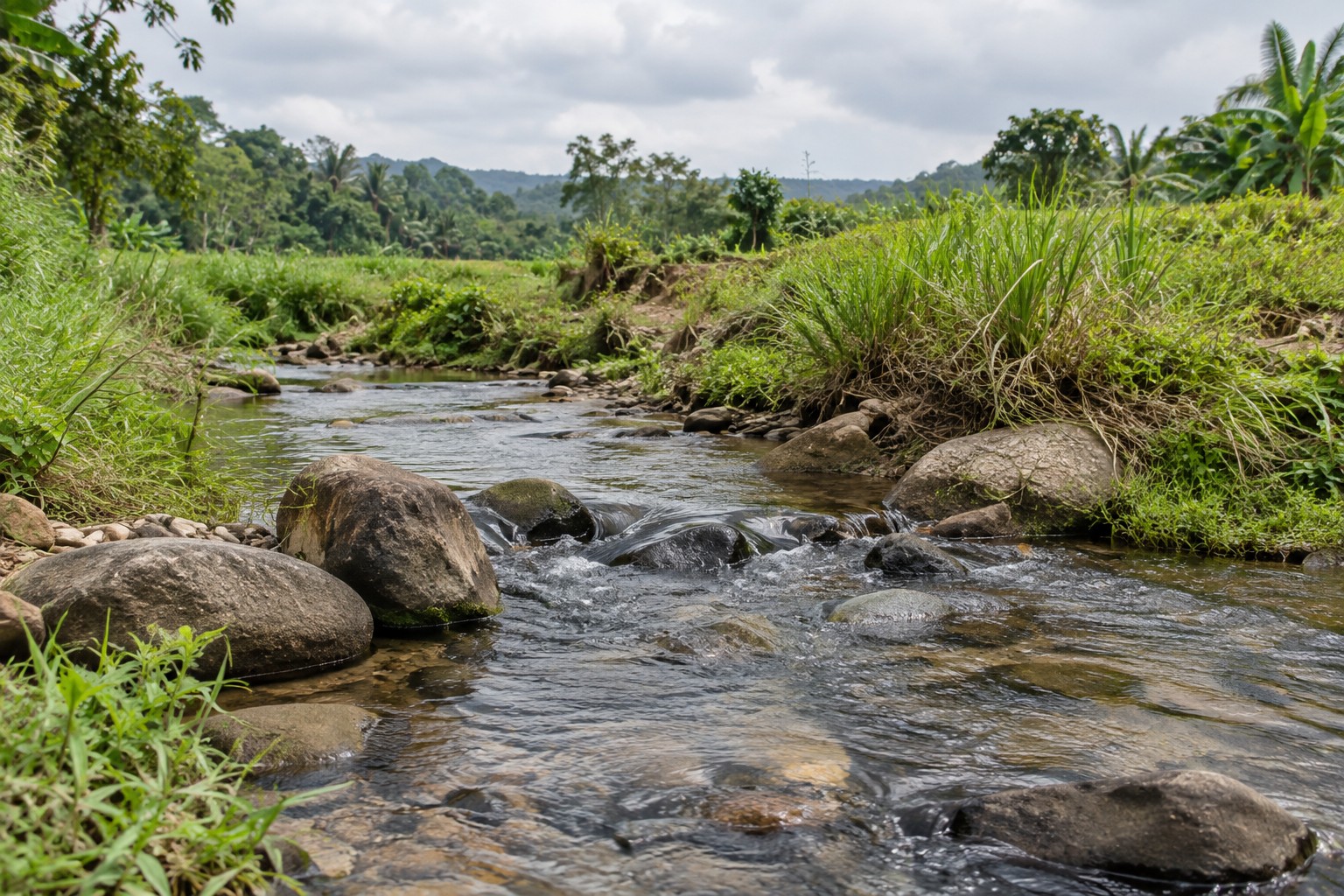 A small, clear stream flowing over natural stones beside a grassy riverbank.