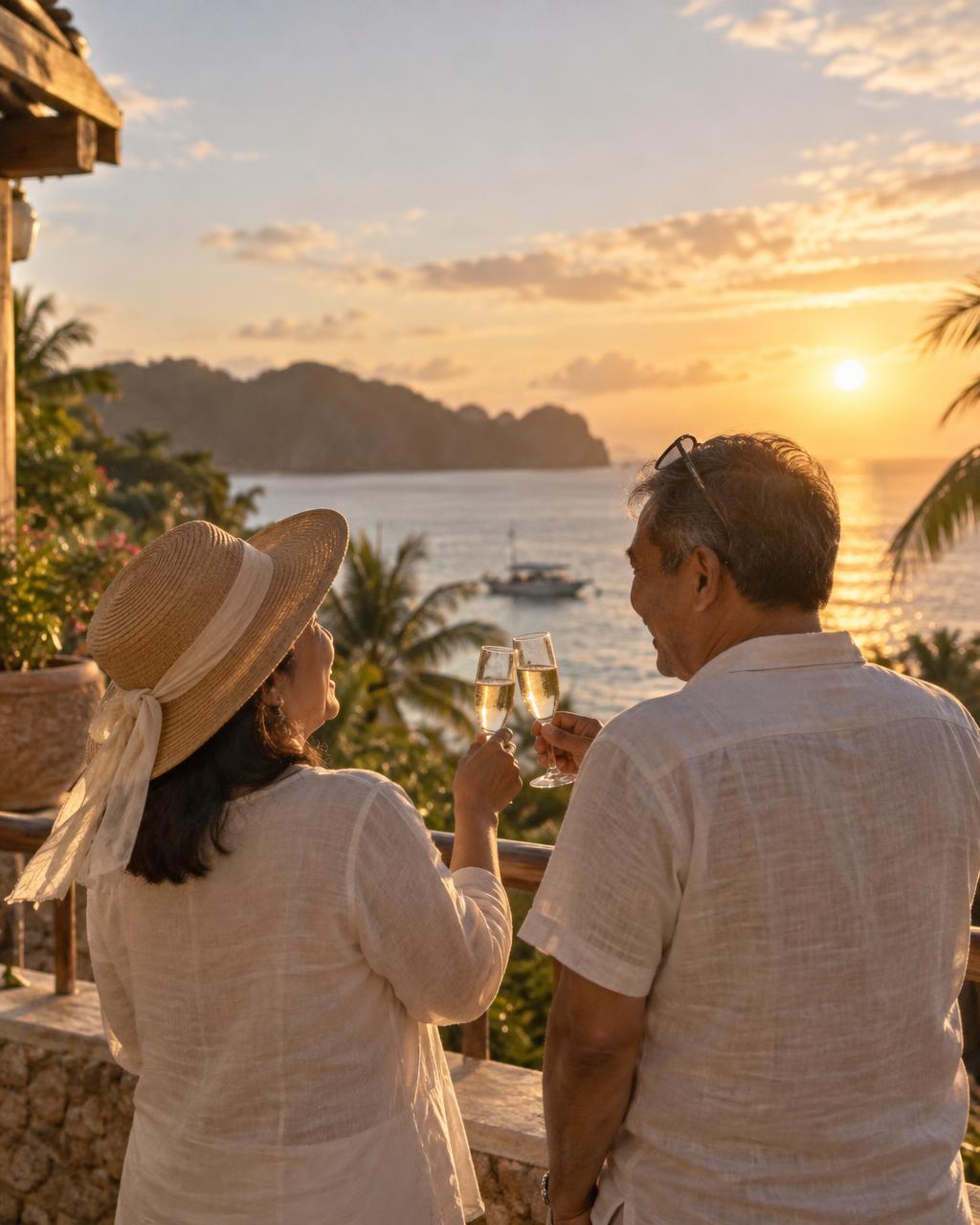 A retired Filipino couple laughing and toasting with glasses on a sunny seaside terrace, palms and a calm turquoise bay behind them.