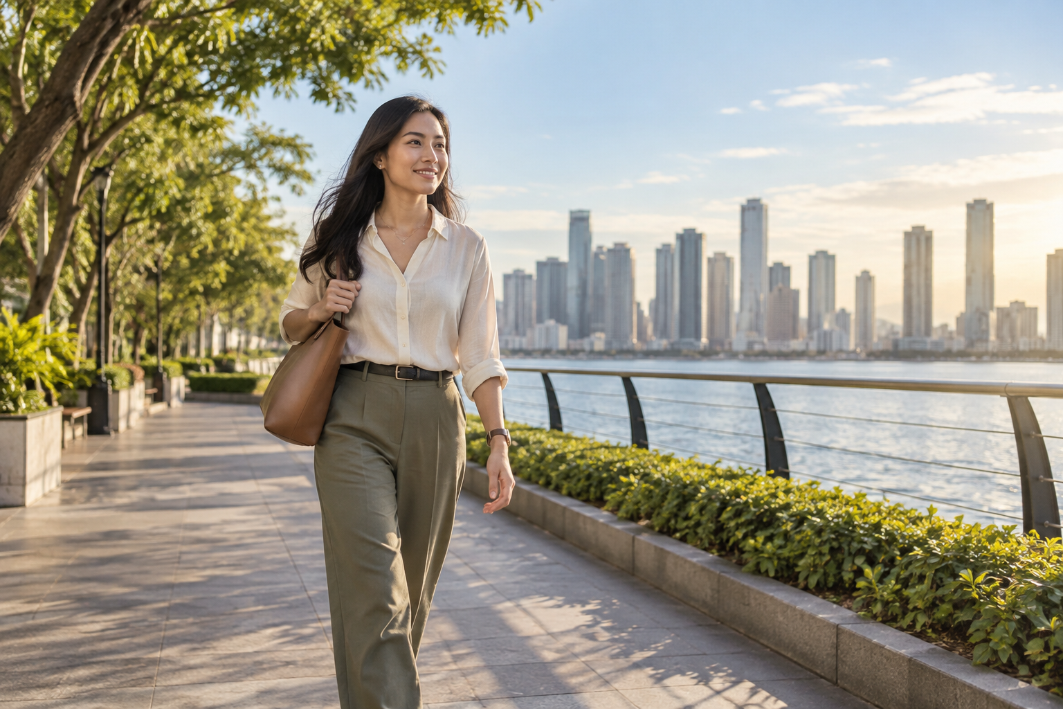 A Filipino professional walking along a leafy waterfront promenade in the morning.