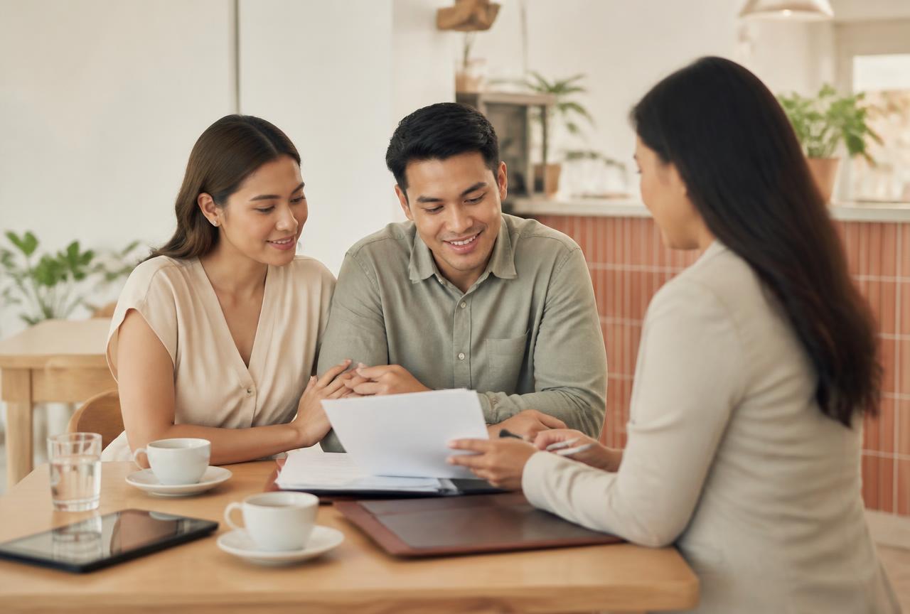 A young couple reviewing their plan with a financial advisor over coffee.