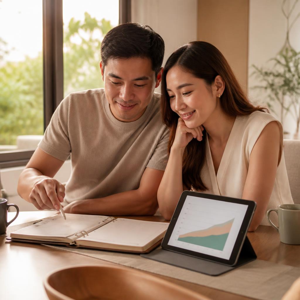 A couple reviewing their savings and investment plan together at home with a tablet showing a growth chart.