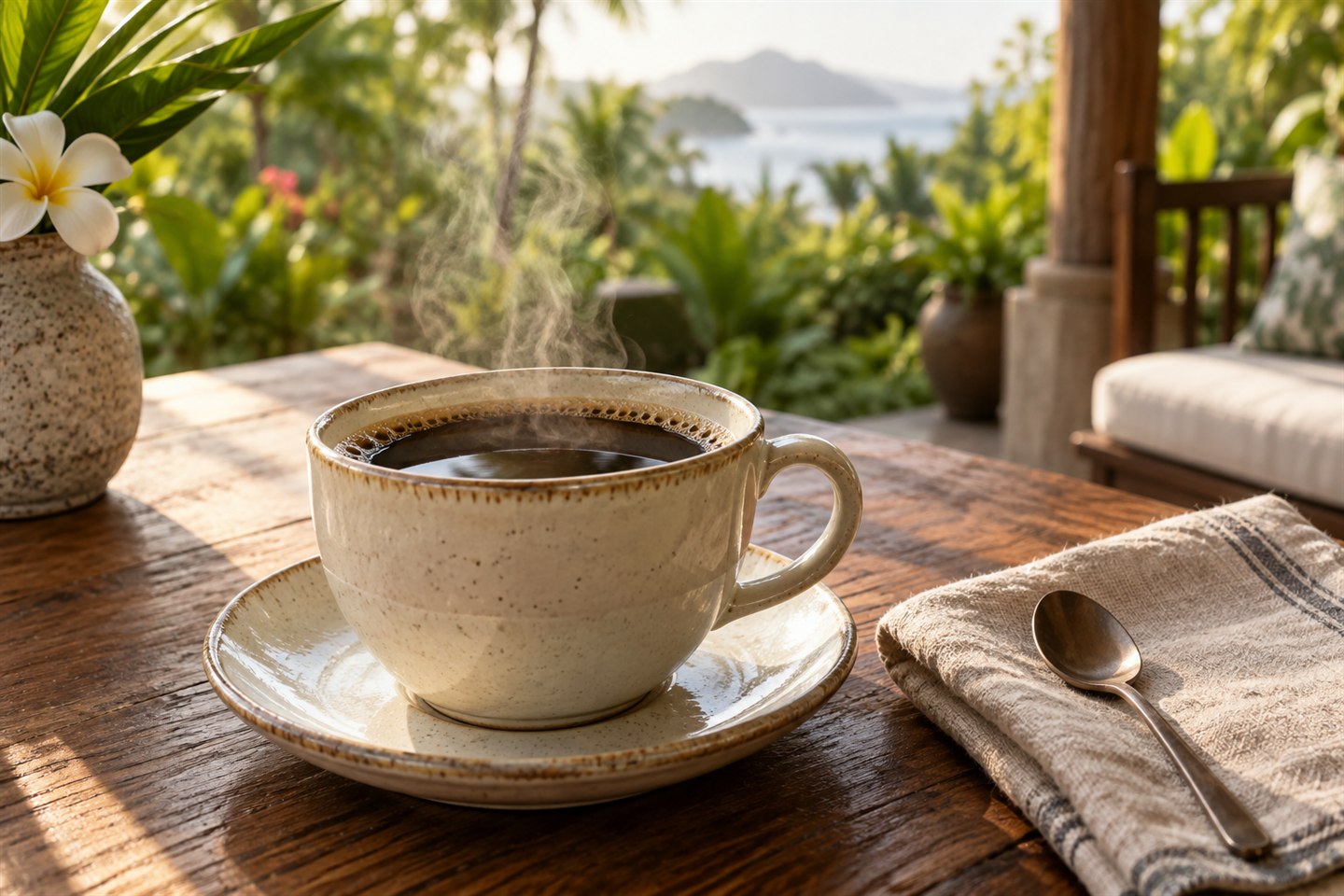 Fresh coffee in a cream ceramic cup on a sunlit wooden table, with a softly blurred tropical garden beyond.