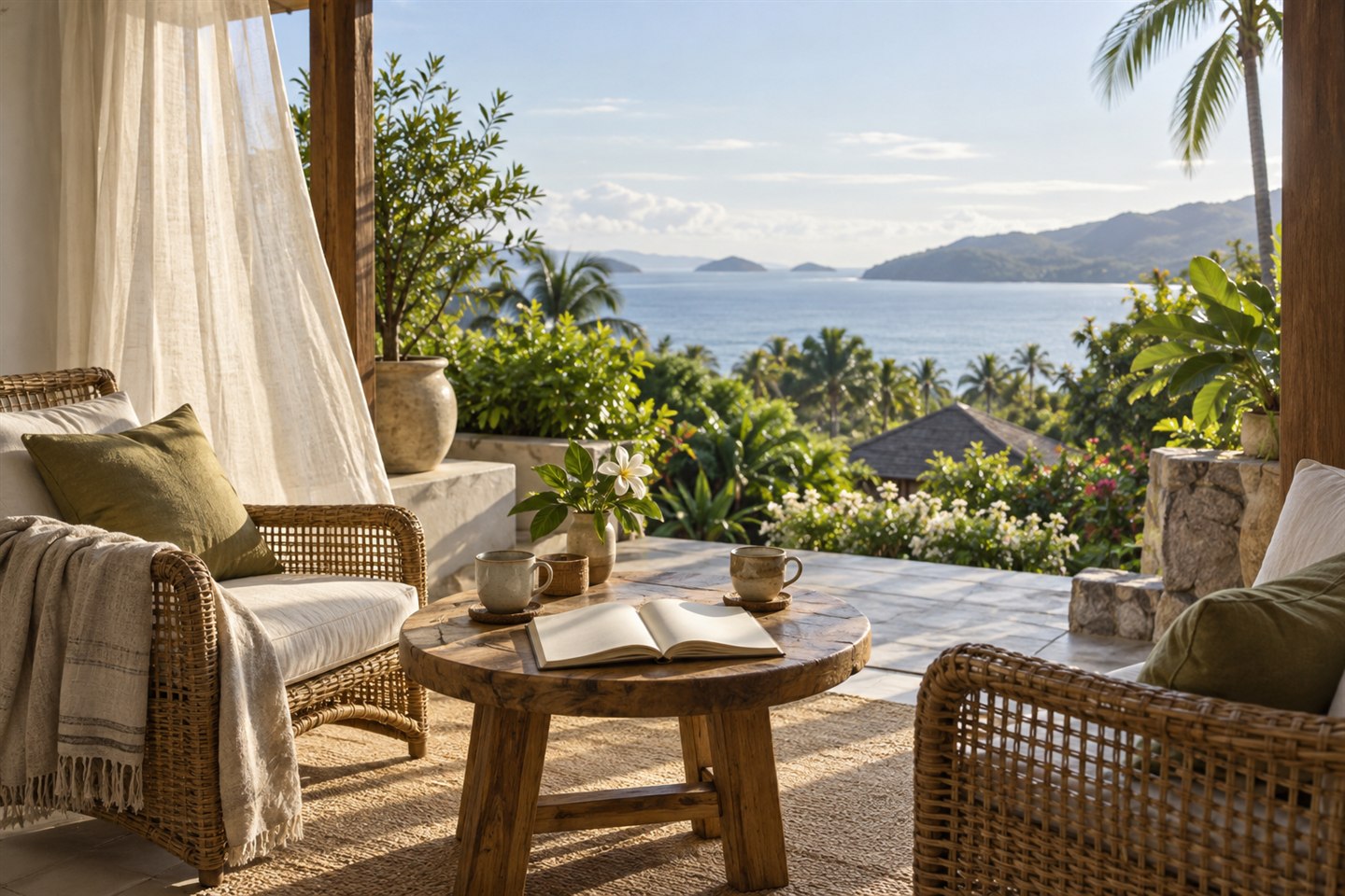 Two cups of coffee and an open book on a sunlit terrace overlooking the sea.