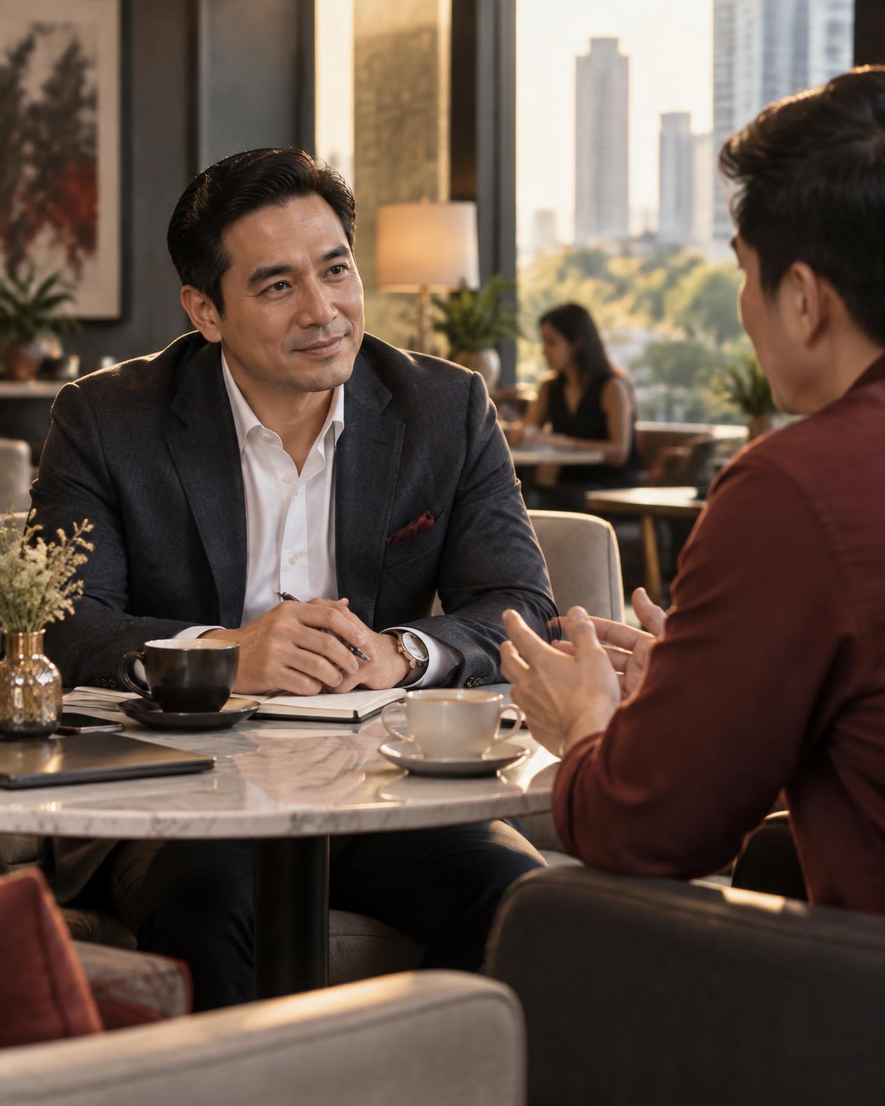 A Filipino financial consultant listening attentively to a client during a relaxed cafe conversation.