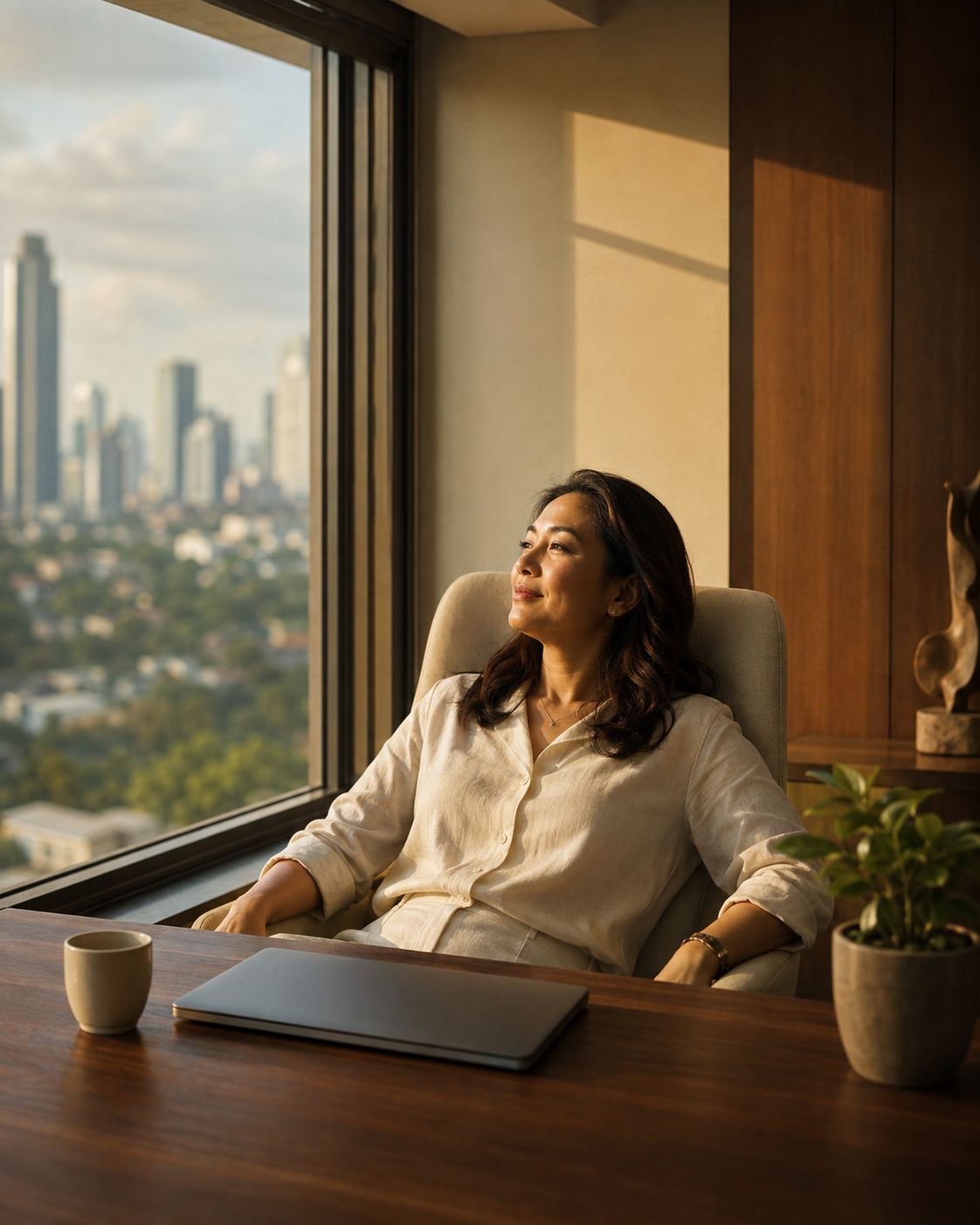 A Filipino professional takes a quiet break beside a sunlit city window, with her laptop closed on a walnut desk.
