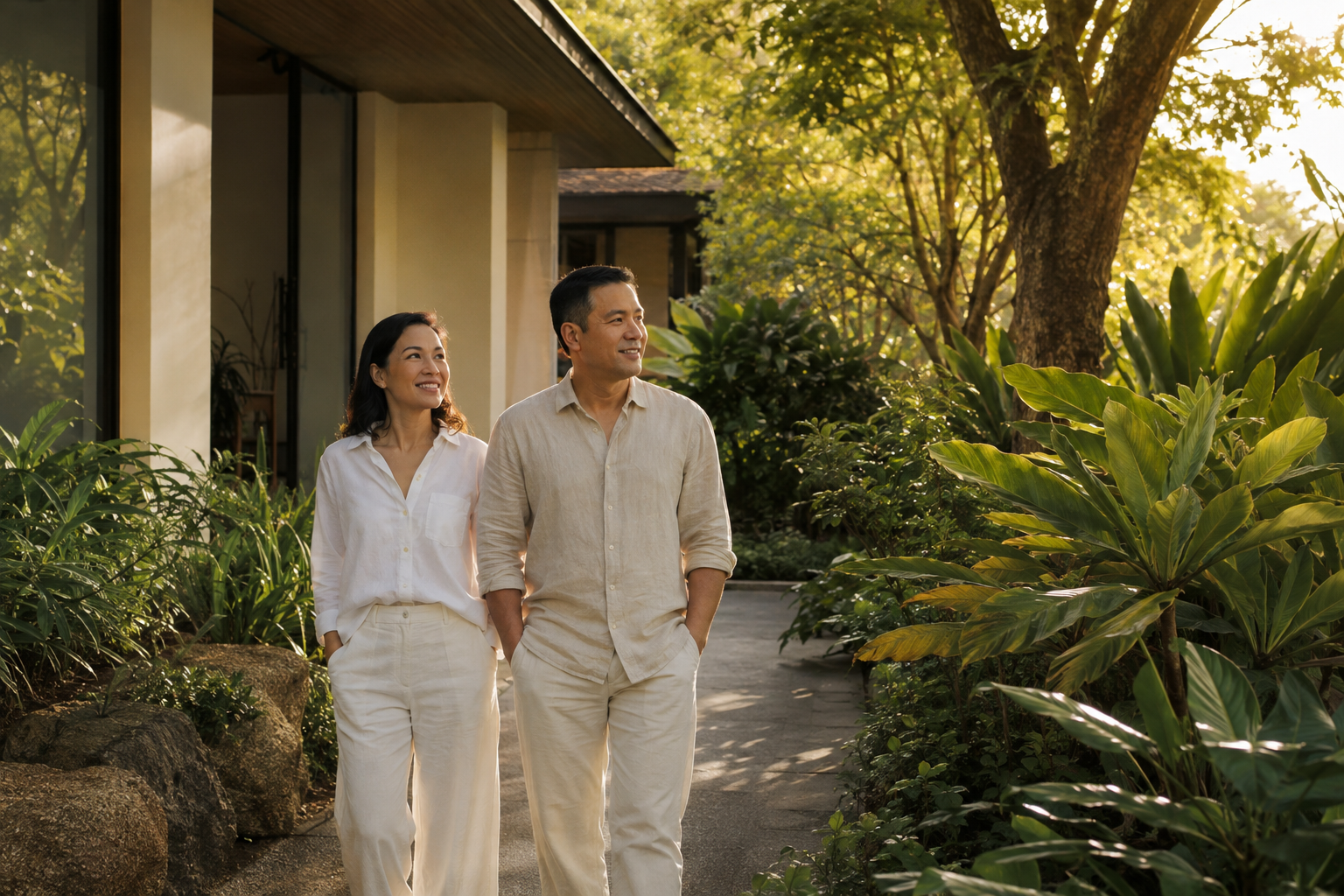 A Filipino couple enjoys an unhurried afternoon walk through a sunlit tropical garden.